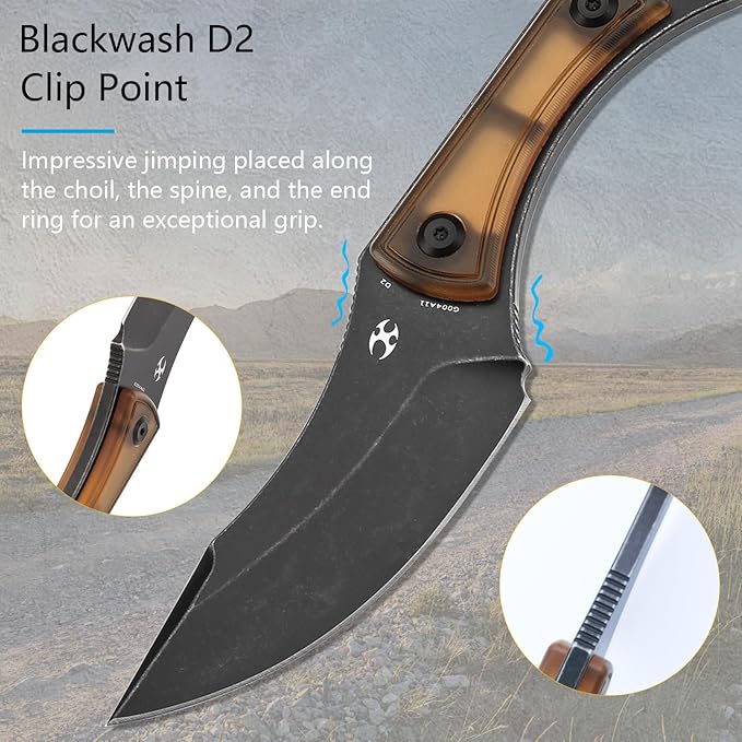 KANSEPT Niko Fixed Blade Knife, 3.54'' Blackwash D2 Sharp Blade with Yellow PEI Fine Texture Handle, Adjustable Kydex Sheath for Edc Hunting Survival Camping G004A11