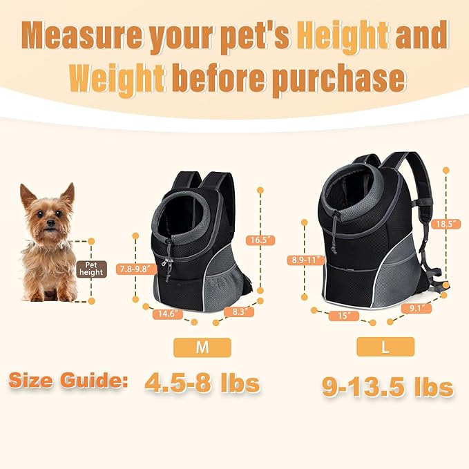 YUDODO Dog Front Carrier Backpack, Adjustable Breathable Pet Carrier for Small Dogs Cats, Ventilated Puppy Back Pack with Safety Belt, Lightweight Doggy Backpack for Hiking Outdoor (Black, Medium)