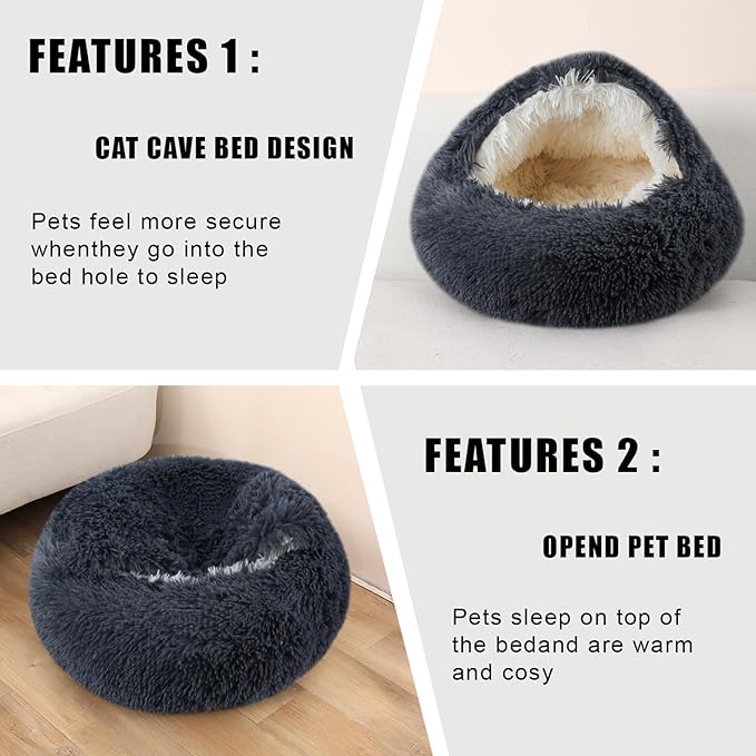Cat Beds for Indoor Cats,Cat Cave for Puppy and Kitty,Calming Small Dog Bed for Small Dogs with Cover Cave,Cozy Warming Fluffy Washable Anti-Slip Pet Sleeping Bag(24 * 24inch,Dark Gray)