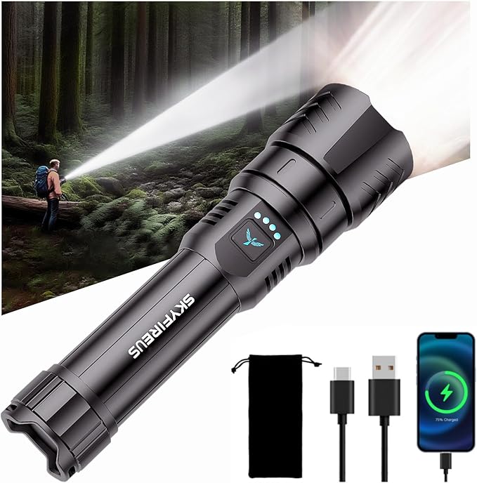 SKYFIRE LED Flashlight High Lumens,2000lm Super Bright Rechargeable Flashlight,Zoomable,Four Modes,Waterproof Flash Light for Camping Essentials,Outdoor and Home Emergencies&Gifts-No Lens