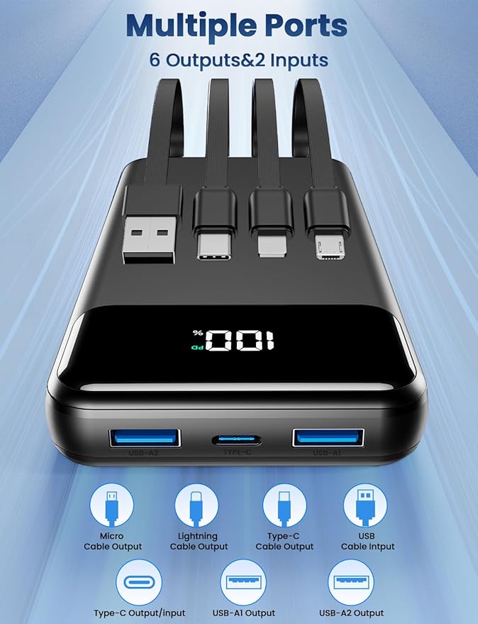 Portable Charger, 50000mAh Power Bank with Built in Cables, 22.5W Fast Charging Battery Pack, Portable Phone Charger for iPhone 17 16 15 14,iPad,Samsung,Google,PowerBank for Travel Camping Essential