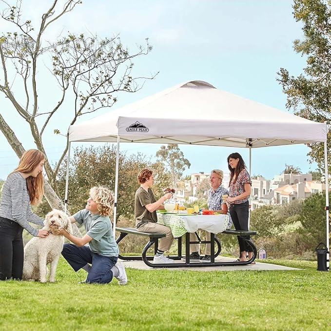EAGLE PEAK Pop Up Canopy Tent with Wheeled Carry Bag, 8 Stakes, 4 Ropes, 4 Weight Bags, Easy Set Up Tent Canopy, 10x10 ft, 100sqft of Shade, White