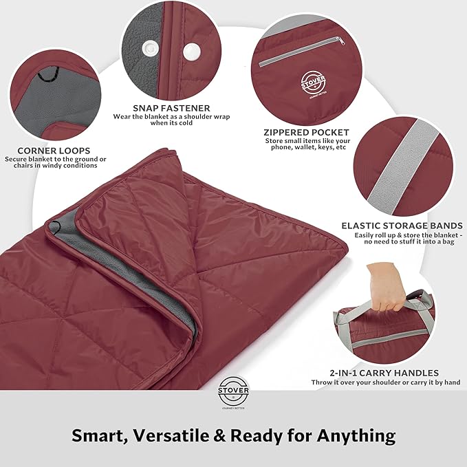 STOVER Waterproof Stadium Blanket – Portable Outdoor Camping Blanket for Travel, Picnics, or Sports – Warm, Windproof, Lightweight, and Packable (Game Day Red)