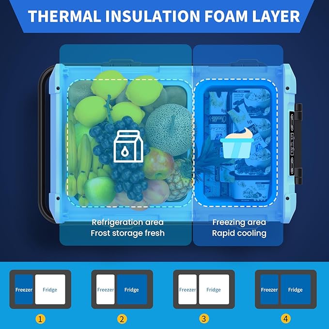 45L Dual Zone Car Refrigerator Freezer, -4℉~68℉, 48Qt Compressor Cooler with Reversible Door, Metal Handle, Dual Battery Slot, 100–240V AC / 12V / 24V DC Powered, LED Light – Ice Blue