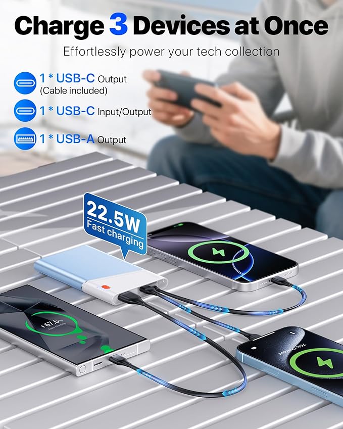 Portable Charger Power Bank, 10000mAh 22.5W PD Super Fast Charging Powerbank with Built-in USB C in&Out Cable, Slim External Phone Battery Pack for iPhone 17/16/15 iPad Samsung S24 Android etc
