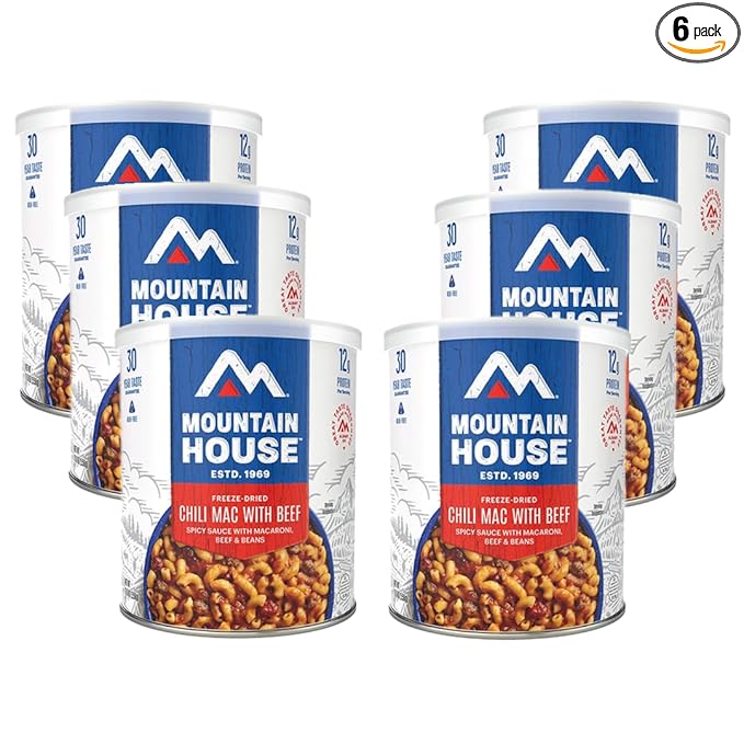 Mountain House Freeze-Dried Chili Mac with Beef #10 Can ??Spicy Sauce with Macaroni, Beef & Beans ??Dairy-Free ??10 Servings per Can ??30-Year Taste Guarantee ??Emergency, Survival, Camping & Backpacking Food ??Long Term Storage ??Pack of 6