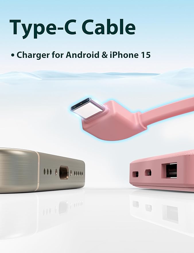 miisso 6000mah Ultra Slim Built in Cables Power Bank, Card Size Built in USB C Cords Battery Pack Portable Charger for Phones, 3 Output External Battery Pack Compatible with iPhone, Samsung, Pink
