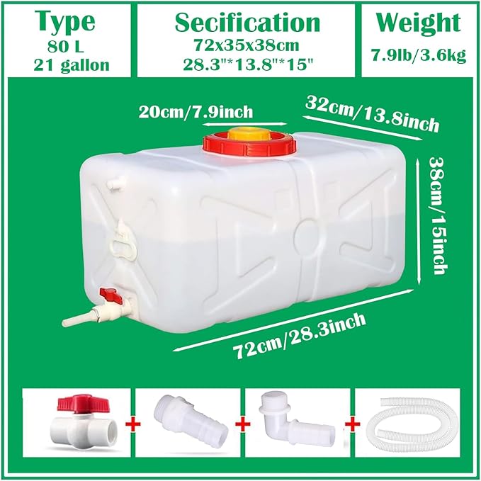 20 Gallon Portable Water Tank with Spigot&Hose, Water Storage Container for Camping, RV, Truck, Emergency Preparedness(Thickening)
