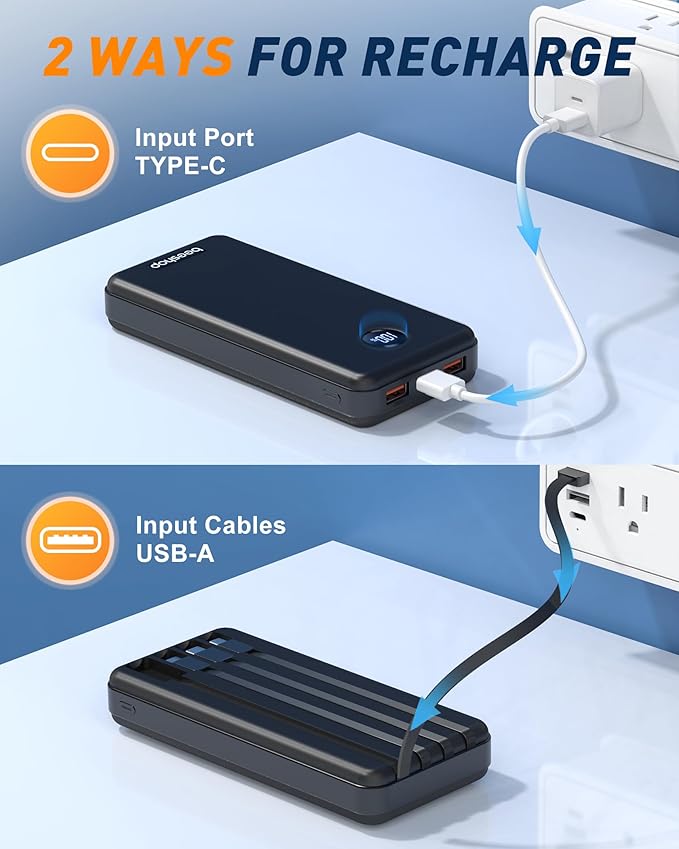 BEESHOP Portable Charger Power Bank - 37000mAh Portable Battery with 4 Built-in Cables, 22.5W Fast Charging Battery Pack Bank Compatible with iPhone 16 15 14 13 Android Samsung Phone etc(1 Pack)