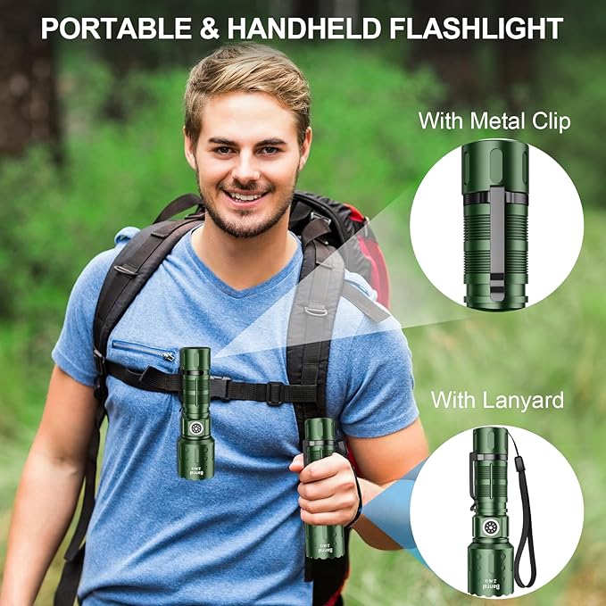Flashlights High Lumens Rechargeable, Super Bright Long Range Small Powerful Flashlight, 6 Modes LED Tactical Pocket Waterproof Flash Light for Home Emergency (2, Green)