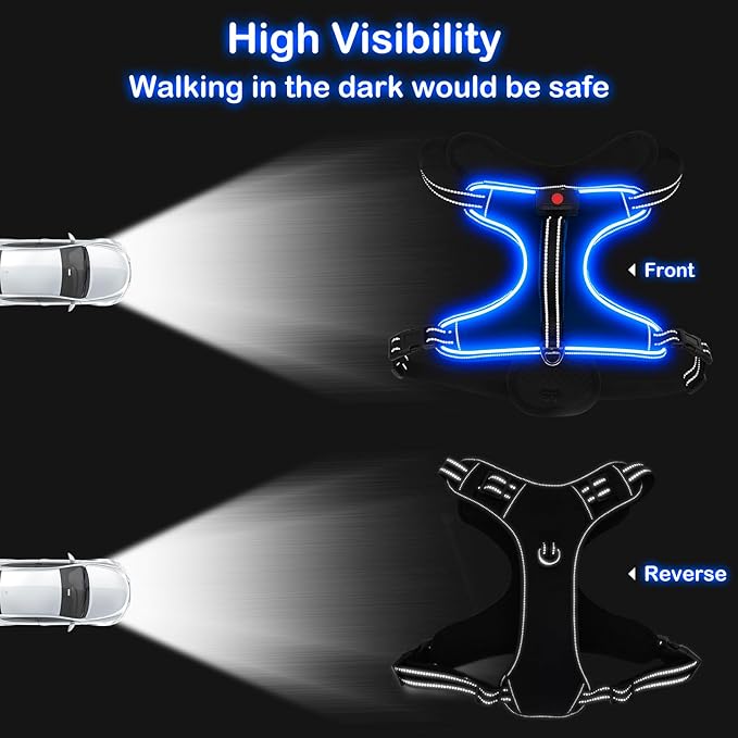 LED Light Dog Harness, X-Large, Black-Blue, No-Pull, Rechargeable, for Large Dogs