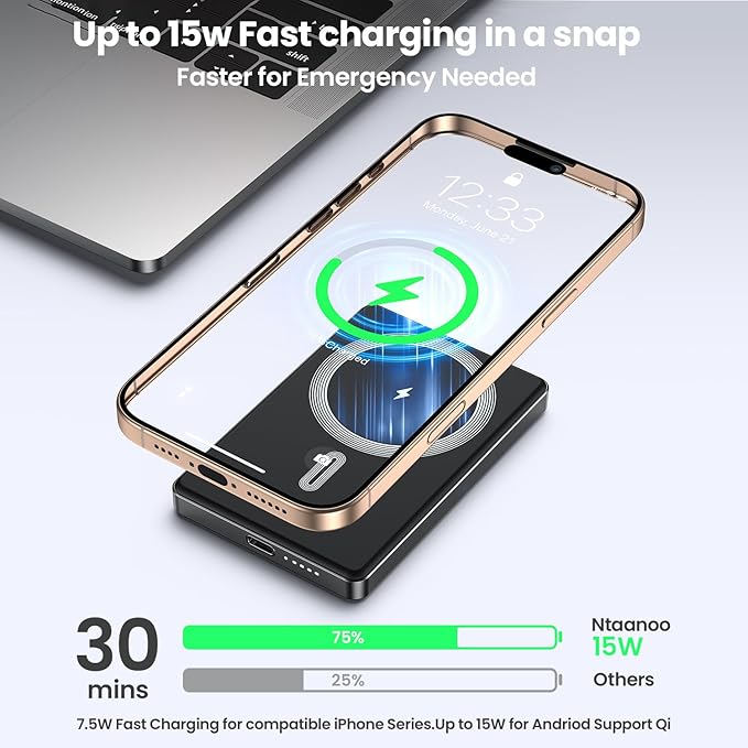 Magnetic Power Bank,Ultra Slim Wireless Portable Charger 10000mAh,20W PD Magnetic Power Bank Fast Charging,USB C in&Out Powerbank for iPhone 16/15/14/13/12 Pro Max