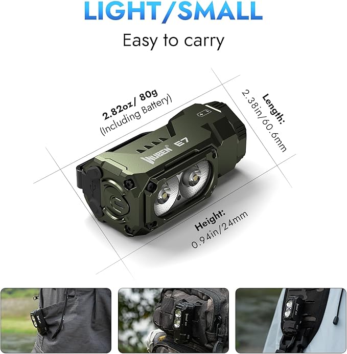 WUBEN E7 1800 Lumen Rechargeable Mini Flashlight with Magnet - Super Bright 6 Modes ArmyGreen EDC Flashlight, Typ-C Rechargeable LED; IP68 Pocket Flashlight for Headlamp Use, Rescue, Camping