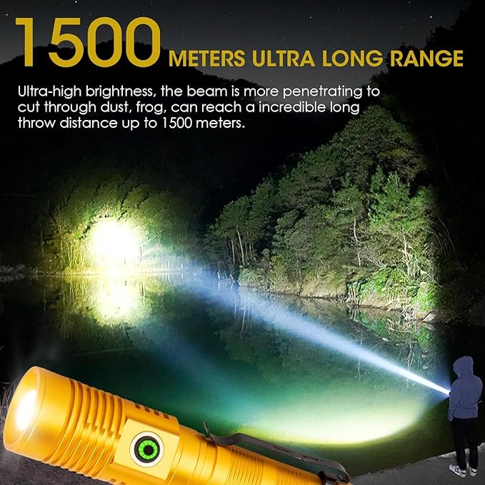 Rechargeable Flashlight High Lumens, High Lumens Super Bright Magnetic Flash Light, 1500 Meter Long-Range Zoomable LED Flashlights for Emergency, Waterproof Flashlight Dimmable, Gold,1PC