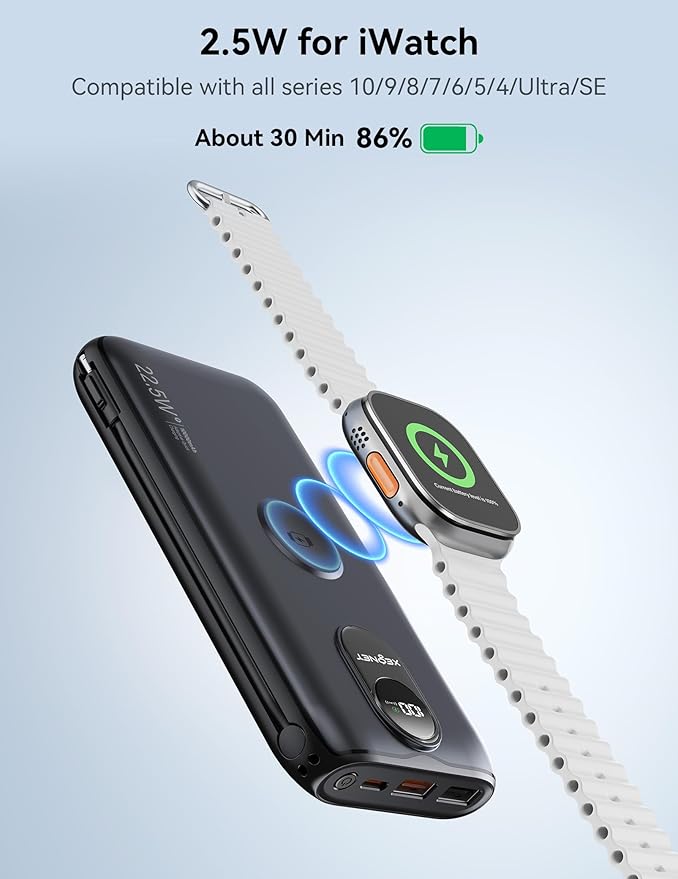 Portable Charger, 10000mAh 22.5W USB C Power Bank Built in Cables, AC Wall Plug and Led Display, External Battery Pack Fast Charging, Travel Essentials for iPhone, Android Cell Phone, Tablet, iWatch