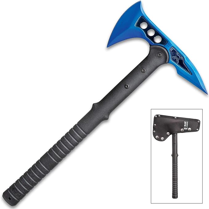 M48 Blue Tactical Tomahawk Axe and Snap On M48 Sheath - Hawk Axe, Blue Stainless Steel Blade, Piercing Spike, Grippy Reinforced Fiberglass Handle, Made for Door Breaching and Chopping - Length 15”