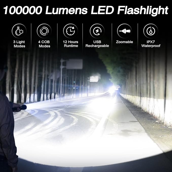 Rechargeable Flashlights High Lumens, Led Flashlight 99,000 Lumens Bright Flash Light with 7 Modes, Flashlights for Camping, Home, IPX7 Waterproof (2 Pack)