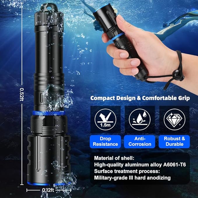 1000 Lumens Dive Light, Waterproof IPX8 100M, Rechargeable LED Flashlight with 11° Beam Angle, Underwater Scuba & Snorkeling Torch for Diving, Caving, and Emergency Use
