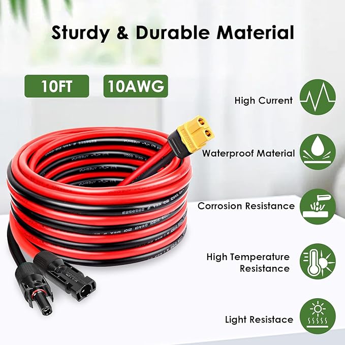 Solar to XT60 Extension Cable 10AWG 10FT Solar Connector to XT60 Adapter Cable for Solar Panel to Portable Power Station Solar Generator Battery Pack