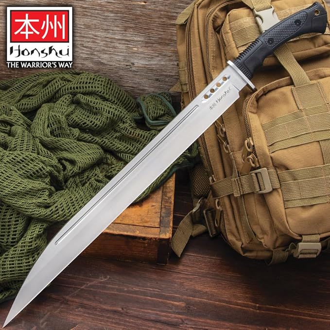 Honshu Boshin Seax Knife | 19 3/8" Full-Tang Stainless Steel Blade | Textured TPR Handle | Premium Leather Sheath with Paracord Lanyard | Modern Tactical Seax Design | 25 3/4" Overall Length