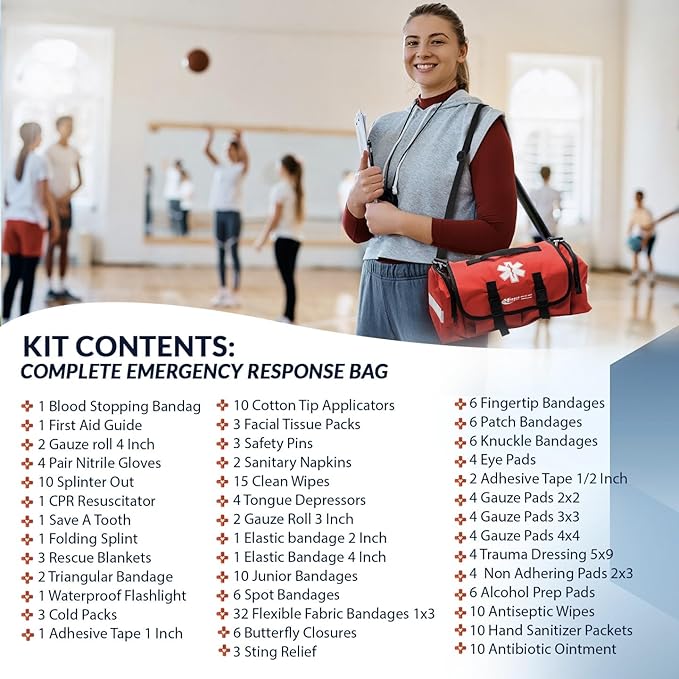 MFASCO Comprehensive School Classroom First Aid Kit - Red First Aid Trauma Bag - Emergency Bag with 200+ Supplies for First Responder - Economical for Schools & Groups - 10.5 x 7 x 7.5