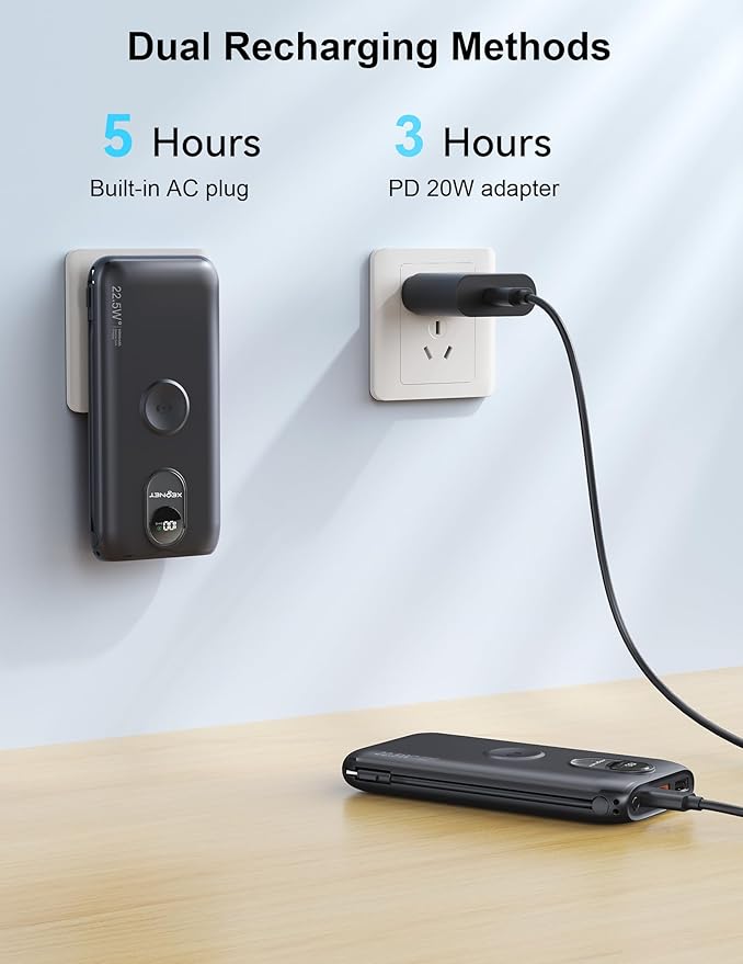 Portable Charger, 10000mAh 22.5W USB C Power Bank Built in Cables, AC Wall Plug and Led Display, External Battery Pack Fast Charging, Travel Essentials for iPhone, Android Cell Phone, Tablet, iWatch
