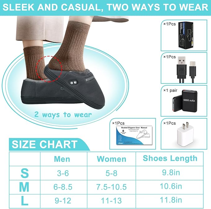 RTDEP Foot Warmer, Heated Slippers for Women Men, Heated Shoes Rechargeable Battery 5000mAh,Anti-Accidental Touch, Heat Slippers, Winter Foot Warmers for Feet for Home Office