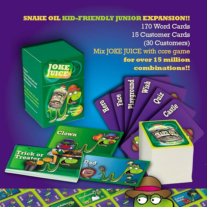 SNAKE OIL - The Silly Selling Party Game - Funny Group 3-10 Player Card Games - Fun Travel Activity for Friends and Family - Joke Juice Expansion for Ages 8+