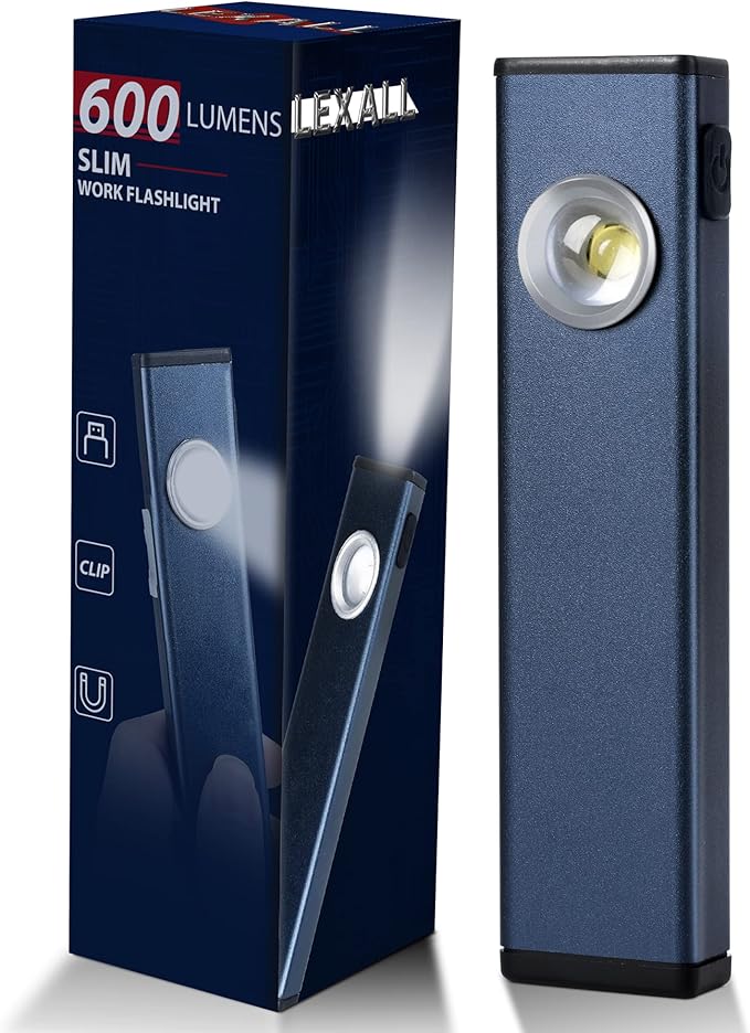 lexall Rechargeable Flashlight, 600 Lumens Portable LED Flashlight, Magnetic COB Flat Task Light with Pocket Clip, 3 Modes, Pocket Pen Inspection Light for Repairing, Camping, Hiking, Emergency(1 Pc)