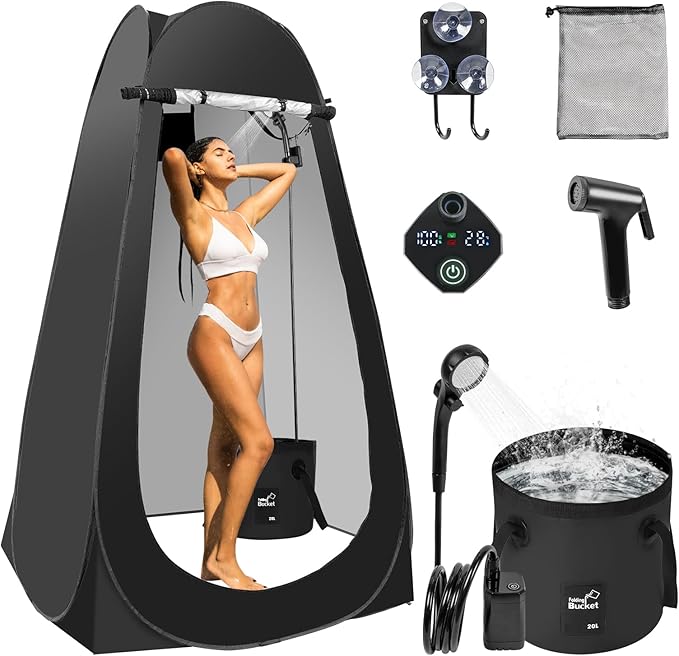 Pop Up Shower Tent for Camping, Portable Outdoor Privacy Shower Tent with 6000mAh Rechargeable Shower