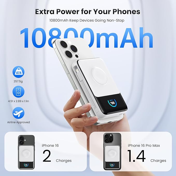 Magnetic Portable Charger 10800mAh with Built-in Cables,5-in-1 Qi2 Certified 15W Wireless Power Bank with iWatch Charger,30W PD Fast Charging USB-C Battery Pack for iPhone 17/16/15/14/13/12-White