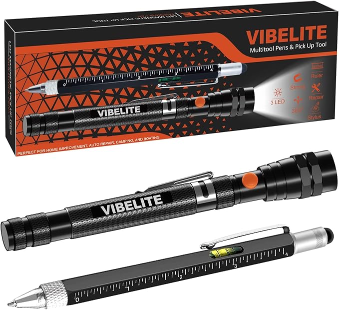 VIBELITE Gifts for Dad, Magnetic Pickup Tool and 6 in 1 Multitool Pen with Touch Screen Stylus, Rulers, Bubble Level, Flathead, Phillips Screwdriver, Ballpoint Pen, Gifts for Men, 2 Pack