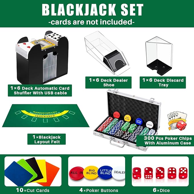 Aoriher Blackjack Casino Game Set, Include 300 Poker Chips, Casino Felt 1 Automatic Card Shuffler 6 Deck Dealer Shoe Discard Holder Tray Aluminum Case for Texas Holdem Blackjack Poker(Green)