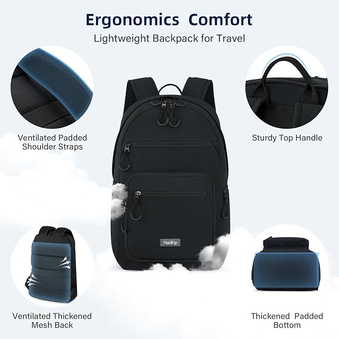 Carry On Travel Backpack For Women, 18 Inch Water Resistant Large Backpack Lightweight Bookbag For Men, 8x14x18 Personal Item Bag Casual Daypack Backpacks For Work Office Commuter (Black)