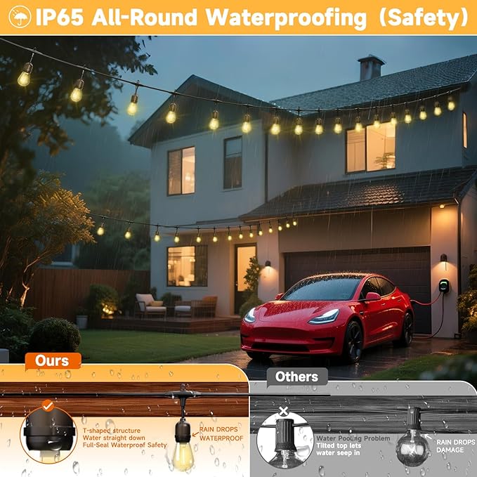 Outdoor Safety String Lights 100FT - Commercial Grade Low Voltage Strand with 40 S14 Shatterproof Bulbs for Tree Garden Yard bistro Cafe | Warm Yellow 3500K Party Lights | IP65 Waterproof | UL Listed