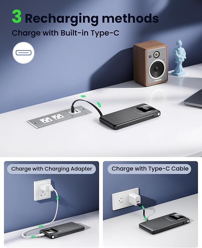 Portable Charger with Built-in Cables,22.5W Super Fast Charging Power Bank Slim Phone Charger,10000mAh Travel Battery Pack Battery Bank with Smart LED Display for iPhone, Android & USB-C Devices