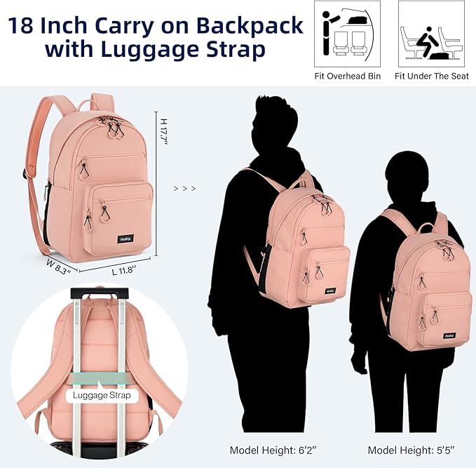 Carry On Travel Backpack For Women, 18 Inch Water Resistant Large Backpack Lightweight Bookbag For Men, 8x14x18 Personal Item Bag Casual Daypack Backpacks For Work Office Commuter (Pink)