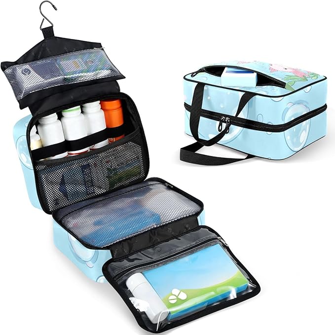 Fustylead Cute Pink Axolotl and Seaweed Bubbles Pill Organizer Bag Large Medicine Travel Carrying Case with Zipper for Vitamin Supplements Fish Oil, Empty First Aid Kit for Hiking Camping