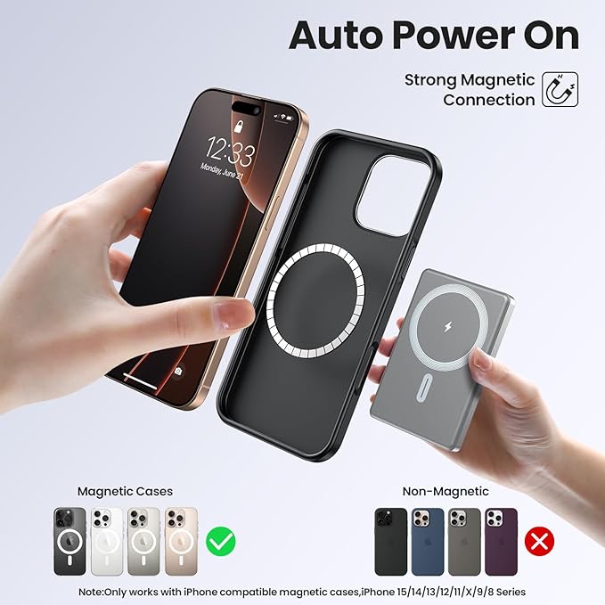 Magnetic Power Bank,Ultra Slim Wireless Portable Charger 10000mAh,20W PD Magnetic Power Bank Fast Charging,USB C in&Out Powerbank for iPhone 16/15/14/13/12 Pro Max