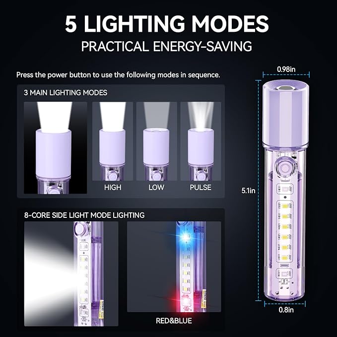 VAVOFO Purple LED EDC Flashlight - USB-C Rechargeable, Waterproof, Zoom Focus, 3 Modes, Red & Blue Emergency Strobe - Best for Outdoor, Tactical, and Survival Use