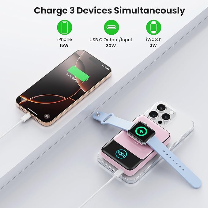 Magnetic Portable Charger for iPhone, 3-in-1 10800mAh Qi2 15W Wireless Power Bank with iWatch Charger,30W PD Fast Charging USB-C LCD Display Battery Pack for Magsafe,iPhone 17/16/15/14/13, Apple Watch