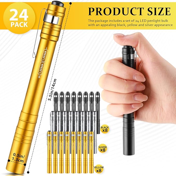 24 Pack Mini Pen Flashlights Bulk LED Pen Lights Aluminum Pocket Flashlights with Clips Small Handheld Torches Gifts for Camping Hiking Emergency Outdoor (Black,Silver,Yellow)