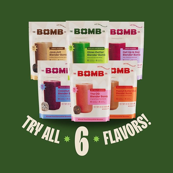 The Bomb Co. Blender Bomb, Glow Getter, Superfood Smoothie Supplement, Smoothie Mix with Flax, Hemp, Irish Sea Moss, & Amino Acids for Hair & Skin Support, Gluten Free, High Fiber, 10 Servings