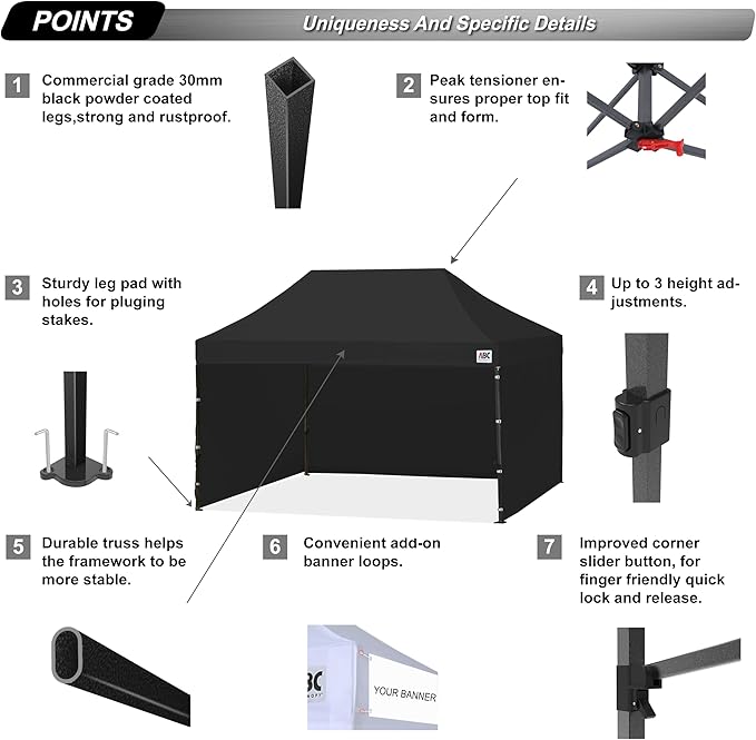 ABCCANOPY Heavy Duty Easy Pop up Canopy Tent with Sidewalls 10x15, Black
