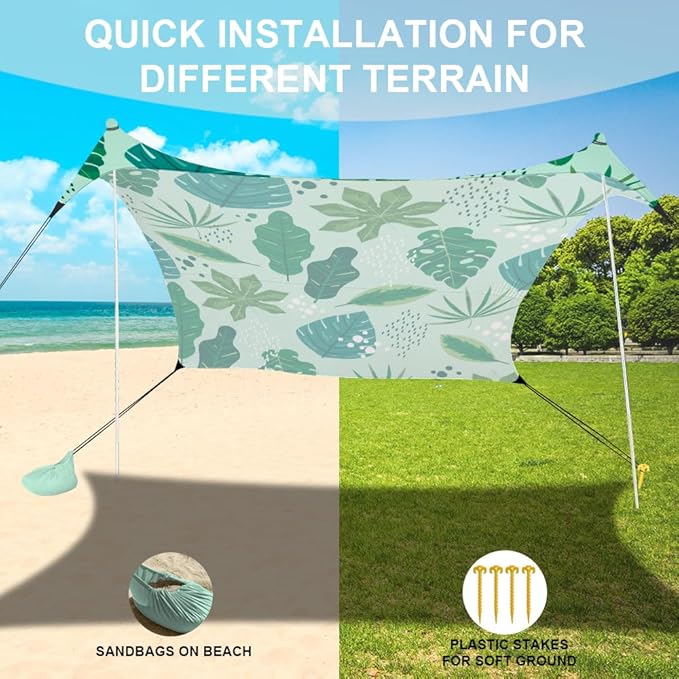 YUKIHOME Beach Tent Sun Shade Canopy Tent, UPF 50+ Camping Beach Sun Shelter 7 x 7ft 2 Pole, Lightweight, Easy Set Up and Carry