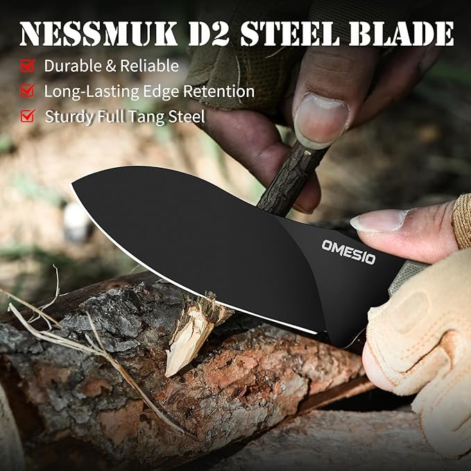 Omesio Nessmuk Hunting Knife Fixed Blade Knife with Kydex Sheath, 8.86??Full Tang D2 Steel Ergonomic G10 Handle Horizontal Carry Camping Outdoor knife, Perfect Gifts for Men