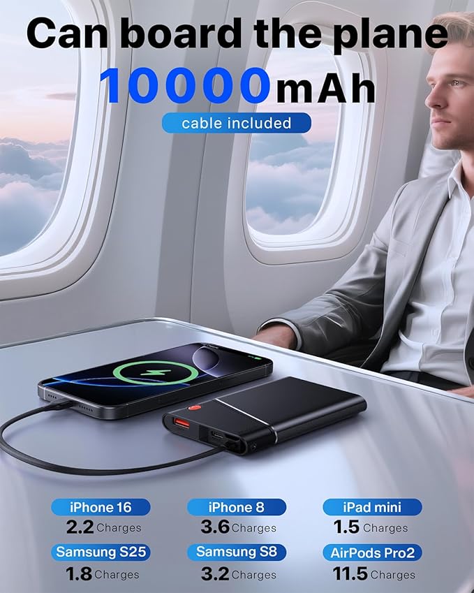 Portable Charger Power Bank, 10000mAh 22.5W PD Super Fast Charging Powerbank with Built-in USB C in&Out Cable, Slim External Phone Battery Pack for iPhone 17/16/15 iPad Samsung S24 Android etc