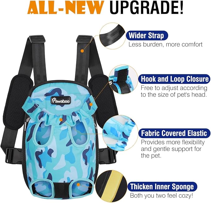 Pawaboo Pet Carrier Backpack, Adjustable Pet Front Cat Dog Carrier Backpack Travel Bag, Legs Out, Easy-Fit for Traveling Hiking Camping for Small Medium Dogs Cats Puppies, Small, Blue Camouflage