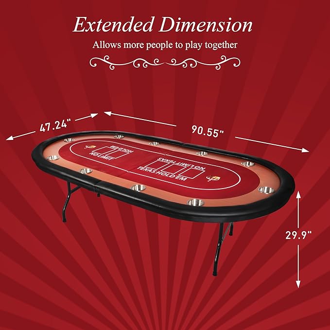10 Players Oval Poker Table with Padded Rails, Folding Casino-Style Texas Wood Grain Game Poker Tables with Cup Holder, Red Felt Surface, Fully Assemble