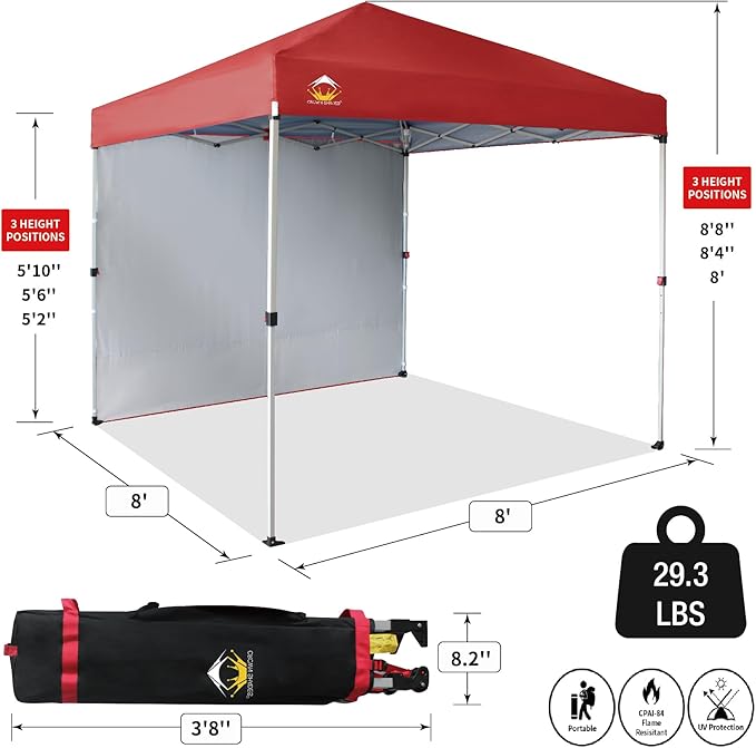 CROWN SHADES 8x8 Pop Up Canopy with 1 Side Wall - Beach Tent with One Push Setup - Outdoor Sun Shade for Events, Parties, Camping - Gazebo with STO-N-Go Cover Bag (Red)